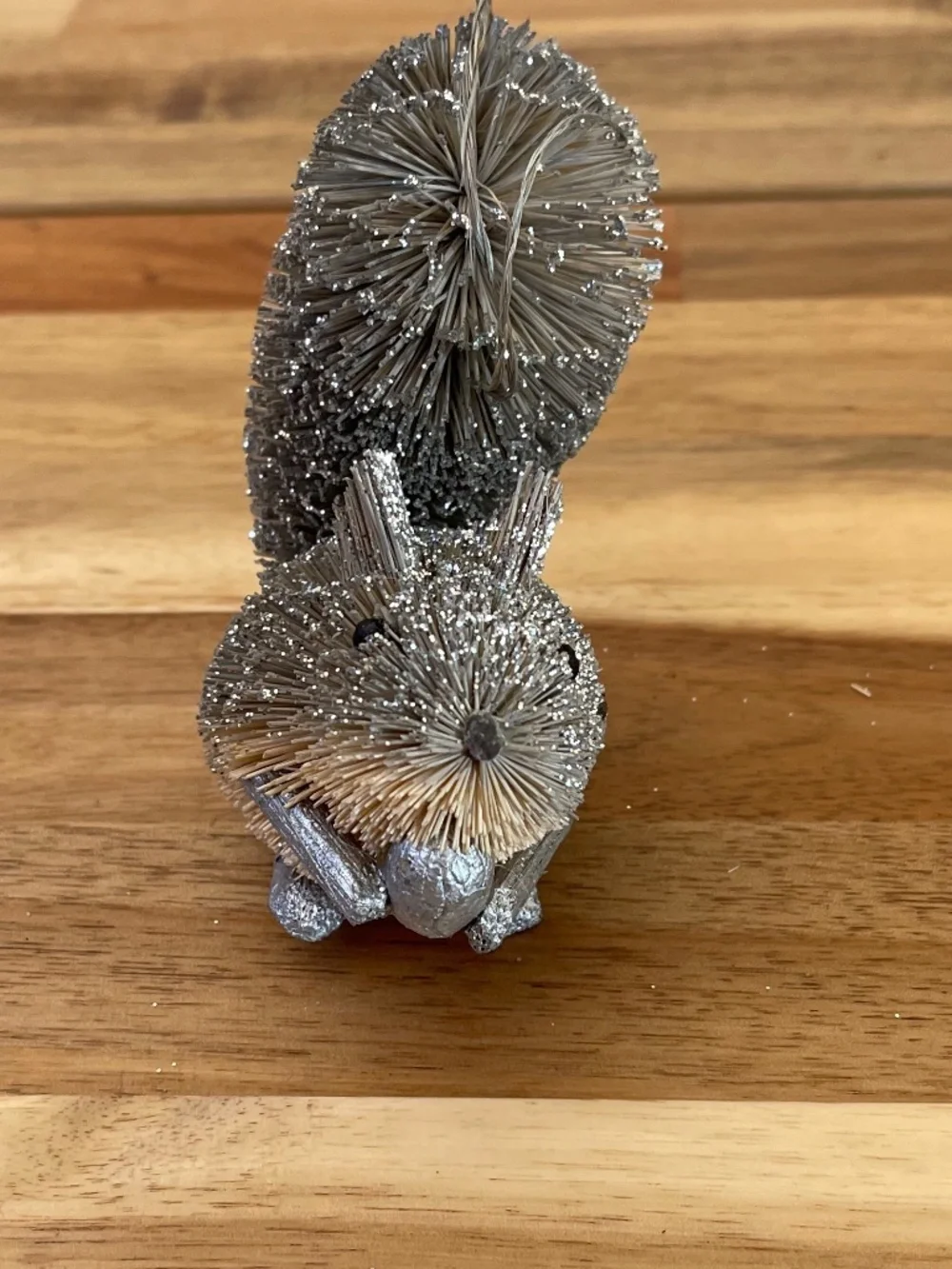 Crate & Barrel - Trio of silver bottlebrush ornaments - Sloth, Owl, and Squirrel